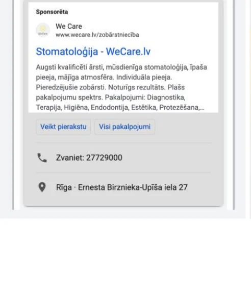WeCare sludinājums Google meklēšanas rezultātos